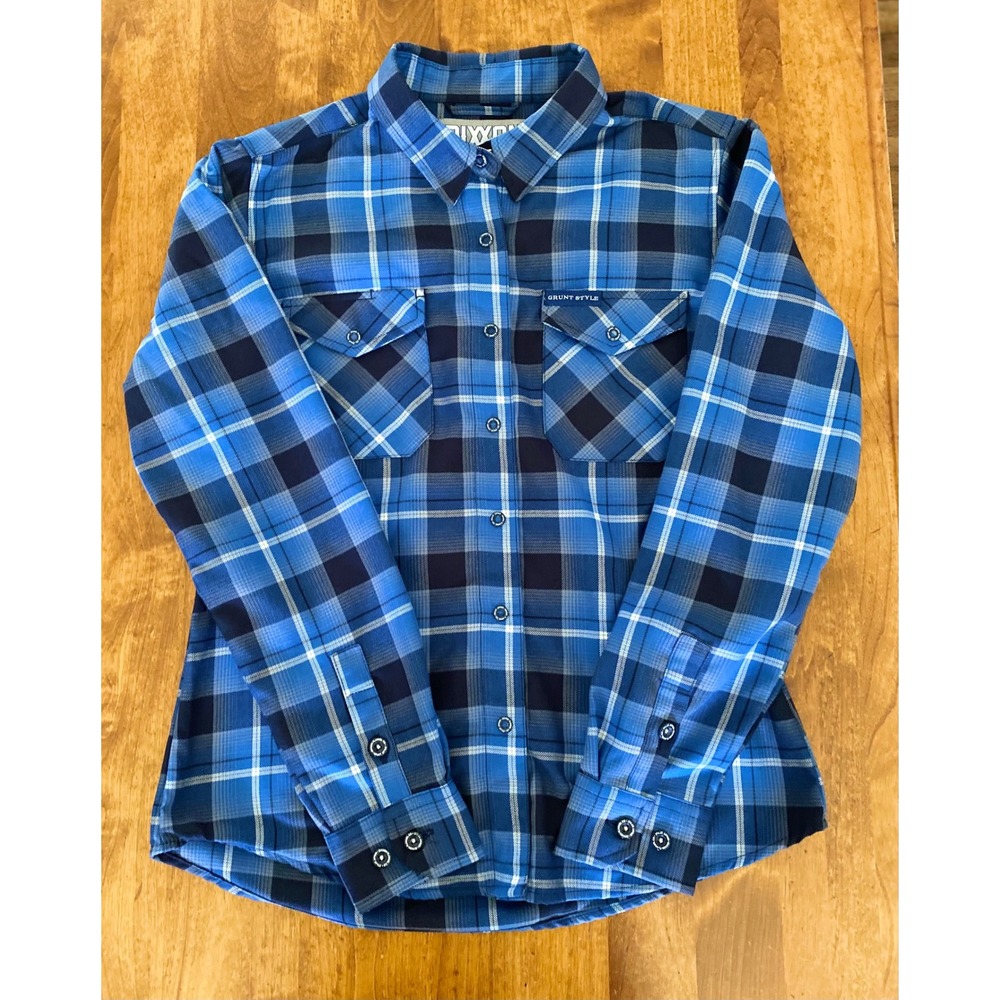 DIXXON Defender Grunt Style Flannel Shirt Blue Plaid Long Sleeve Button Up M EUC